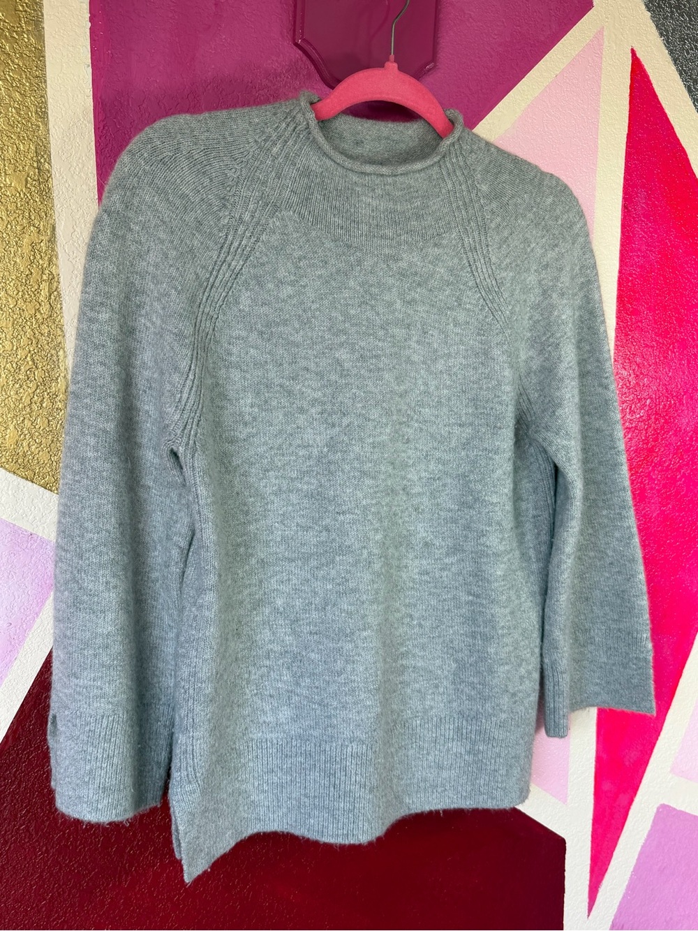 LOFT Petite Gray Mock Neck Sweater Sz SP Bell Sleeve Side Slits